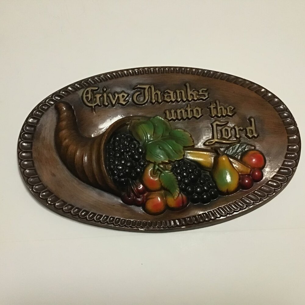 Vtg 1970s Chalkware Give Thanks Unto the Lord Cornucopia Wall Plaque 15" 3D